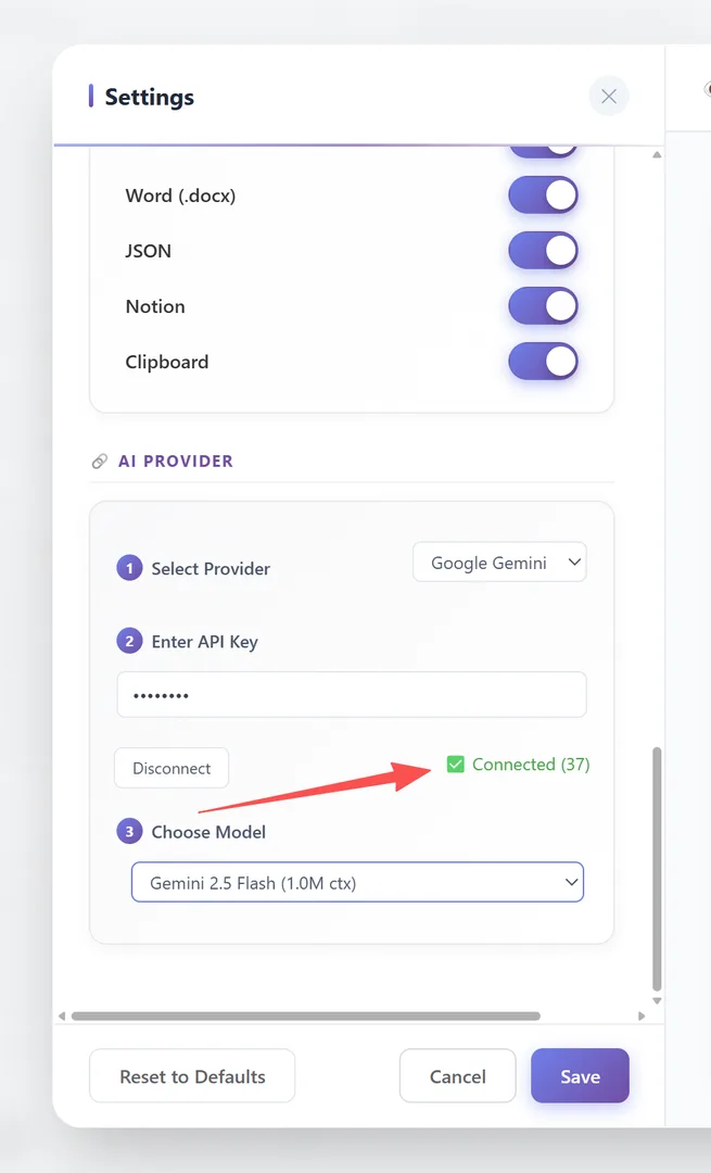 Connection success indicator after API key validation