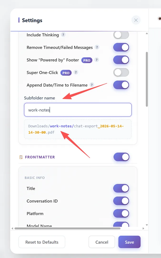 Subfolder name text input in General settings