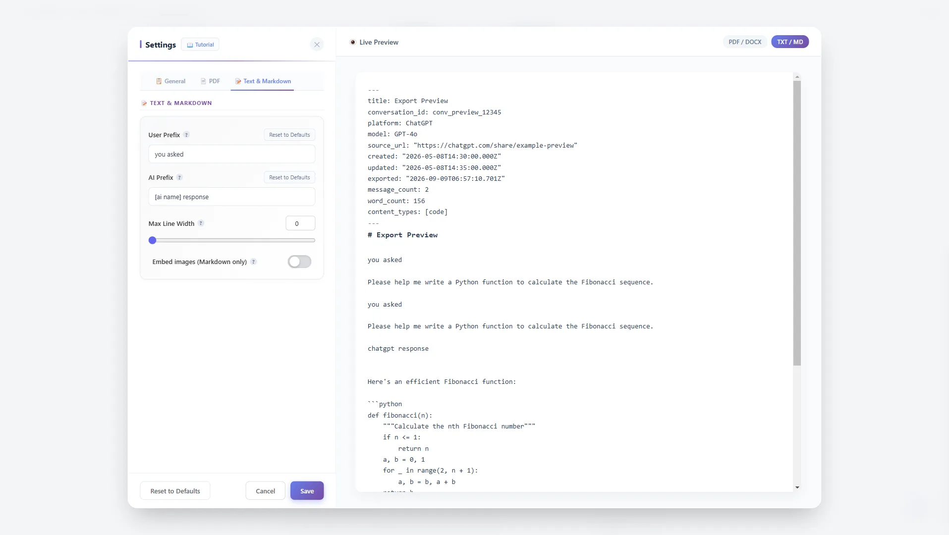 Text & Markdown tab — User Prefix, AI Prefix, Max Line Width settings