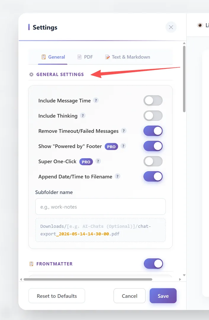 Settings General tab — all toggle switches and inputs