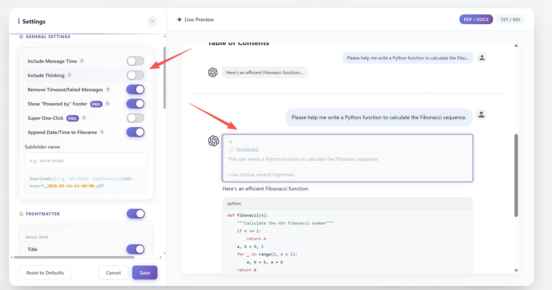 Close-up: Include Message Time, Include Thinking, Remove Timeout, Watermark, Super One-Click
