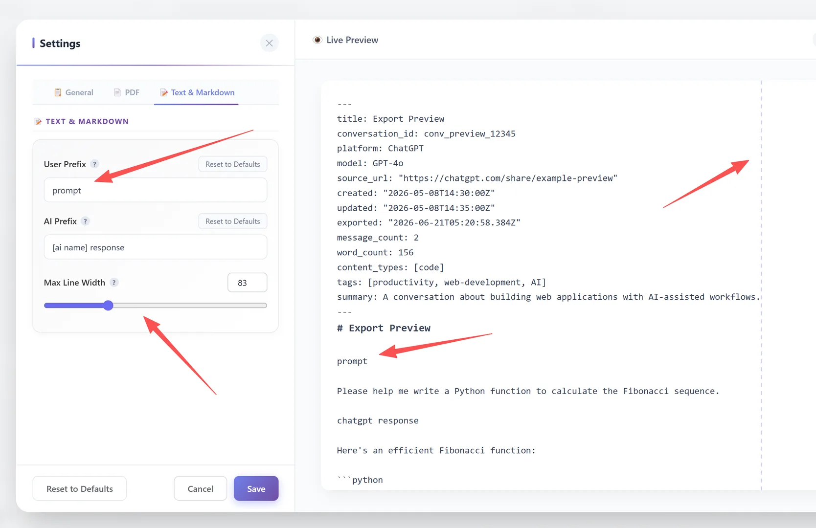 Text & Markdown tab — User Prefix, AI Prefix, Max Line Width