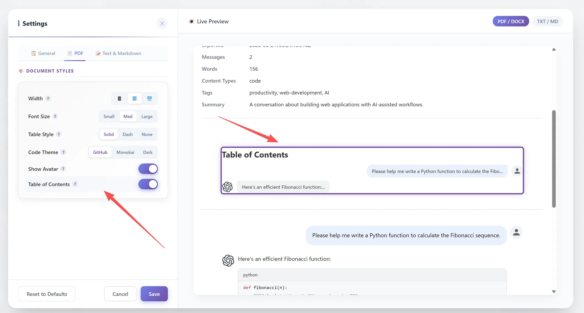 Live Preview pane showing real-time PDF output